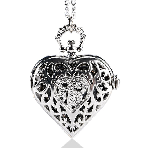 Silver Hollow Heart-shaped Pocket Watch Necklace